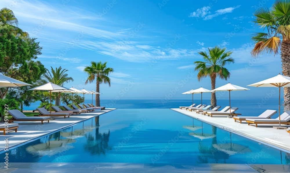 Luxurious swimming pool and loungers umbrellas near beach and sea with palm trees and blue sky Luxurious swimming pool and loungers umbrellas near beach and sea with palm trees and blue sky