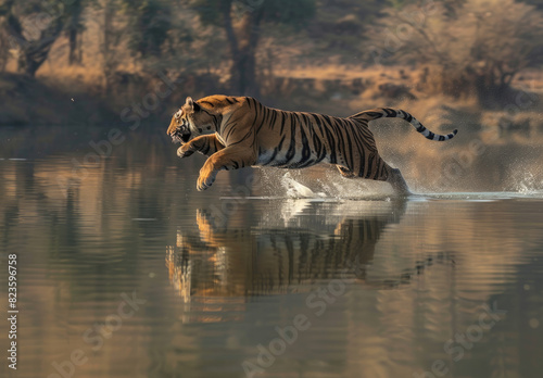 Tiger leaping across lake  motion capture