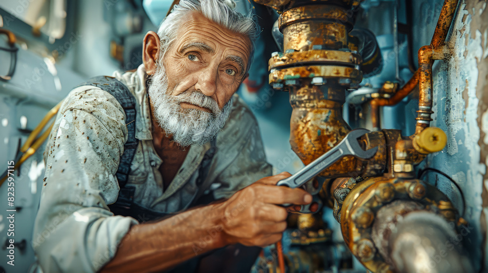 Experienced Female Plumber at Work Elderly People Demonstrates Craftsmanship Amidst Skilled Labor Shortage in Plumbing Industry Wallpaper Digital Art Poster Brainstorming Map Magazine Background Cover