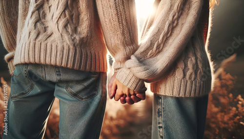 A couple holding hands from behind. The focus is on their perfectly intertwined fingers photo