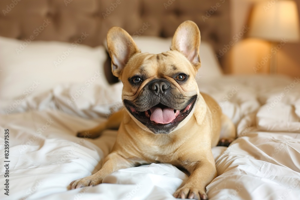 French Bulldog laying on bed panting French Bulldog laying on bed panting