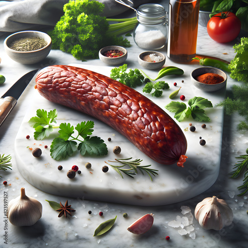 Figatellu Smoked Pork Sausage with Herbs on Marble Counter photo