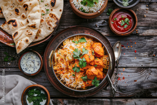 Top view of Indian food, naan rice and chicken in a bowl on the table with other ingredients
