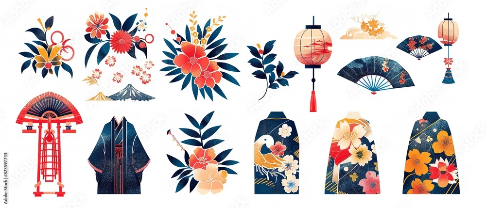An illustration of a set of Japanese kimono over a white backdrop for product background sticker or printing purpose, Generative AI.