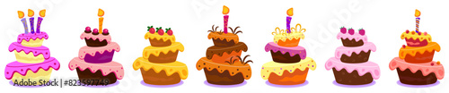 Set of birthday and anniversary cakes with burning candles, vector.
