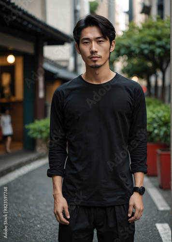 A strikingly handsome man from Japan looks effortlessly stylish in a minimalist black long-sleeve t-shirt