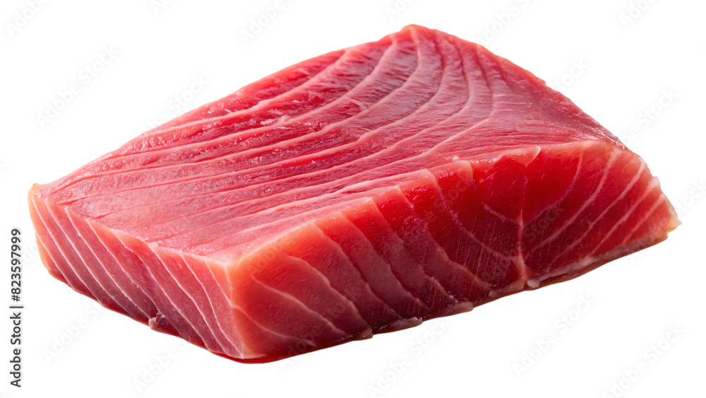 A close-up of a fresh, red tuna steak on a white background A close-up of a fresh, red tuna steak on a white background