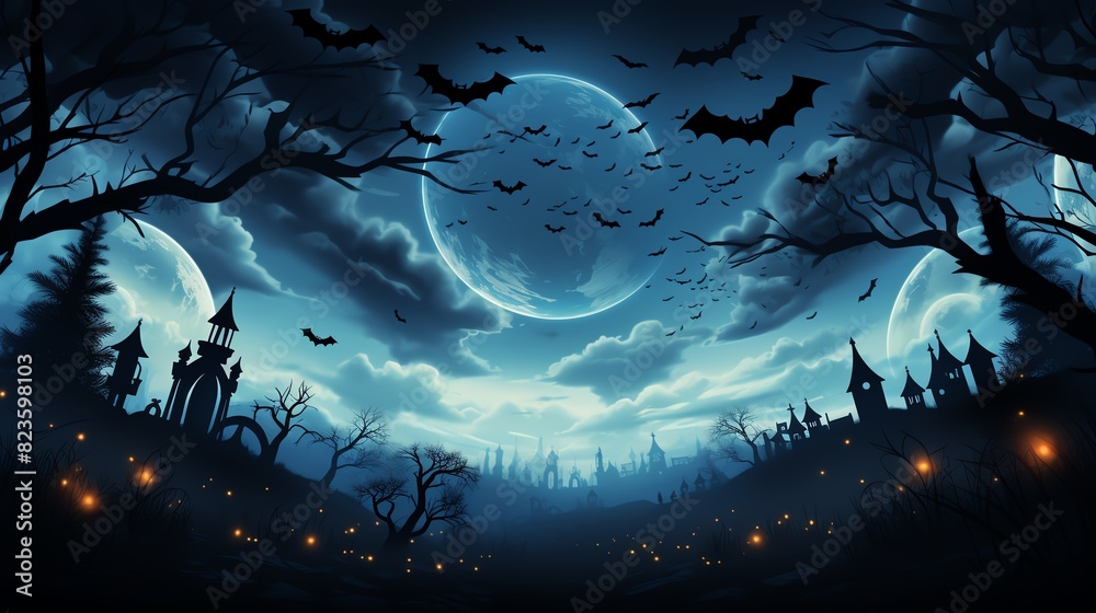 Fototapeta premium Spooky Cats and Bats Illustrate an image with silhouettes of black cats and flying bats aligned at the bottom, against a midnight blue background with a faint, starry sky pattern