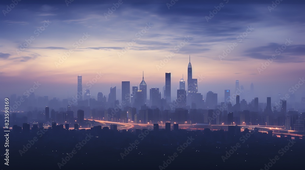 Silhouette of a city skyline against a blue sky with a full moon.