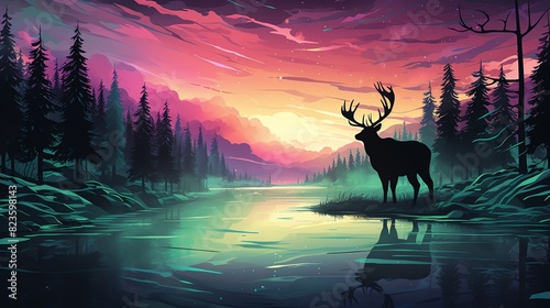 Silhouette of a deer standing by a lake at sunset with colorful sky and mountains.