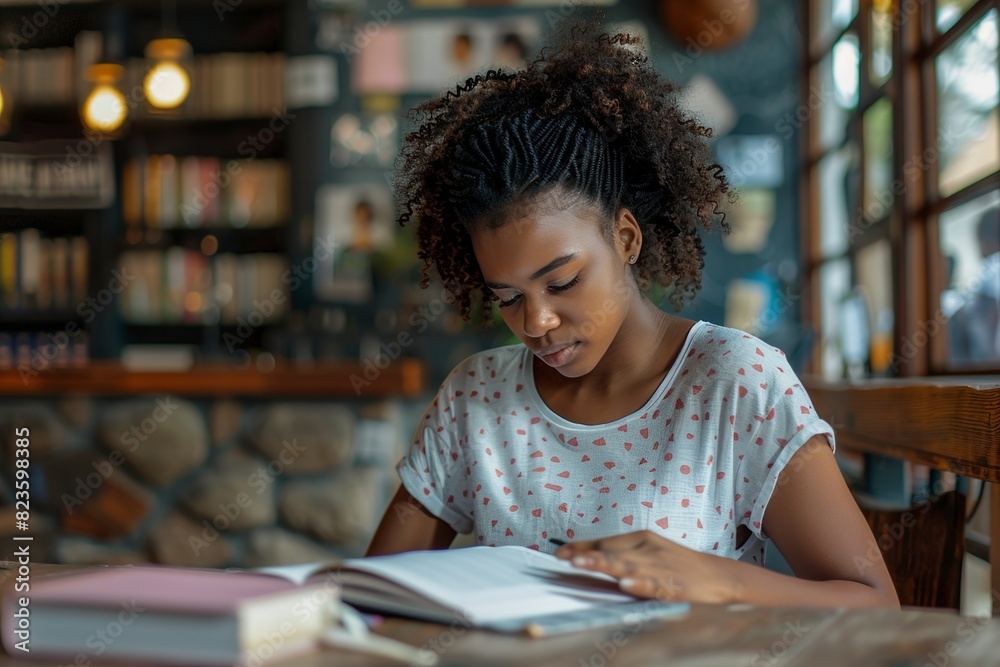 Female student taking notes from books for her study Female student taking notes from books for her study