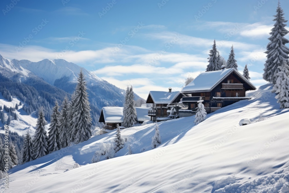 Serene winter scene featuring cozy chalets amidst snow-laden trees against a stunning mountain backdrop