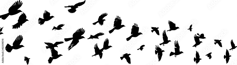 Flying Birds Silhouettes On White Background Vector Design. AI generated illustration.