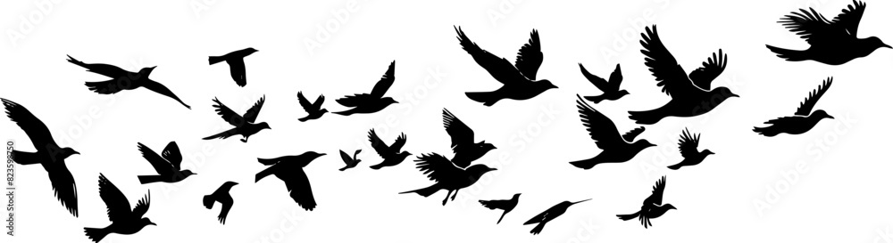 Flying Birds Silhouettes On White Background Vector Design. AI generated illustration.