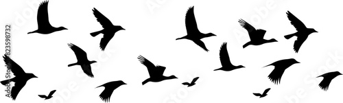 Flying Birds Silhouettes On White Background Vector Design. AI generated illustration.
