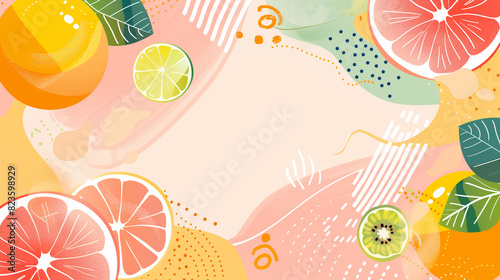 abstract background with drawings of bright juicy fruits, strawberries, red orange, lime, leaves, citruses, lines, pastel shades, with space for text, copyspace