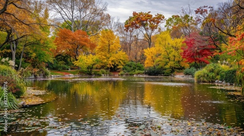A serene pond surrounded by colorful autumn trees.