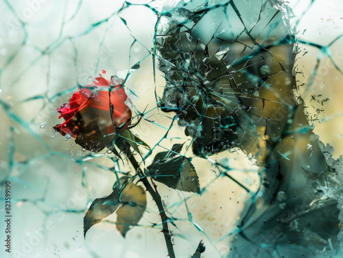 toxic relationship, don't romanticise , 2 figures connected by a rose, cracked glass photo