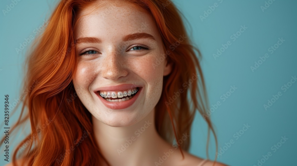 Happy red haired woman with braces Happy red haired woman with braces
