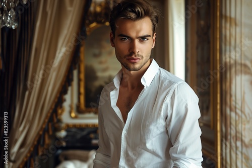 Handsome sexy man wearing white shirt posing in luxurious photo