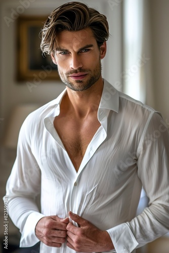 Handsome sexy man wearing white shirt posing in luxurious photo