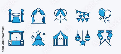 Set of event decoration icon vector. Containing festive flag garland, confetti, stage, balloons, spotlight, tent, grand opening ceremony ribbon, tree and ball or baubles of christmas