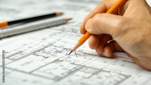 Architect hand holding a pencil and tracing lines on a blueprint spread out on a drafting table