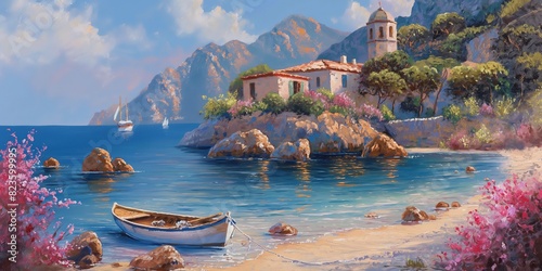 artful illustration oil painting style beautiful Tuscan coastal hill top village in summer time with flower blossoming and beautiful seascape