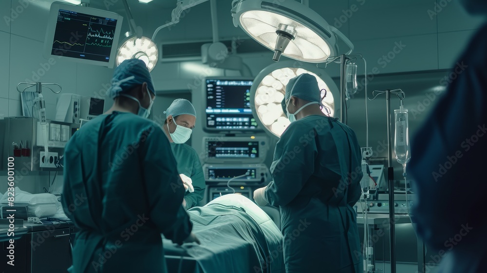 Group of surgeons in the middle of a complex procedure Group of surgeons in the middle of a complex procedure