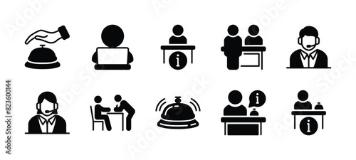 Reception desk icon set. Containing receptionist, hotel bell, customer service, counter, information, registration, reservation, staff, guest, client, assistance, cashier. Vector illustration