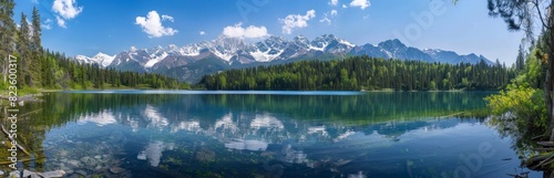 A panoramic view of the lake surrounded by dense forests and snowcapped mountains