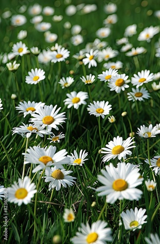 a studio shot of a closeup of A There are large patches of daisies blooming on the grass, with white petals and yellow stamens