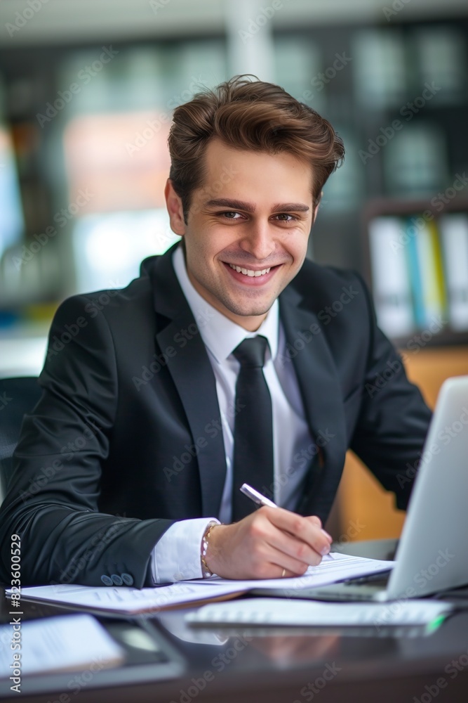 Happy Young Businessman Working on Computer Laptop in Office Happy Young Businessman Working on Computer Laptop in Office
