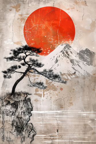 Japanese print illustration - cherry blossom tree and red sun