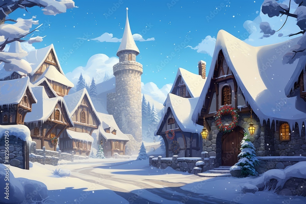 Captivating digital illustration of an enchanting winter village scene with quaint cottages. Stone tower. Festive decorations. And a snowy path Captivating digital illustration of an enchanting winter village scene with quaint cottages. Stone tower. Festive decorations. And a snowy path