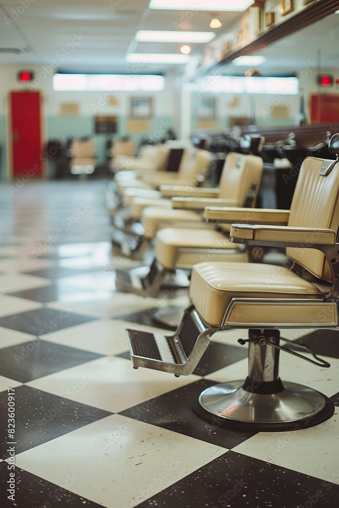 Horizontal shot of empty chairs in retro styled barbers Horizontal shot of empty chairs in retro styled barbers