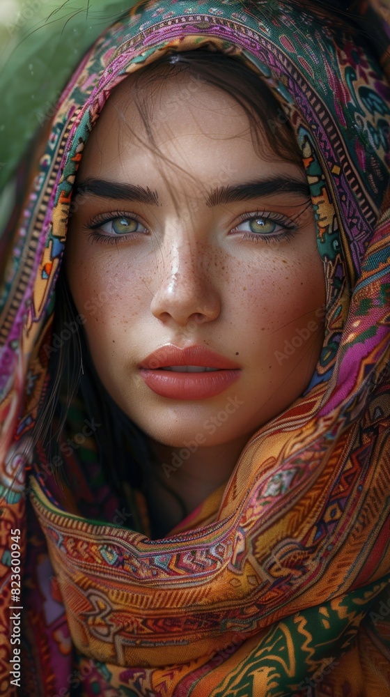A close-up portrait of a young woman with strikingly green eyes. Her face is framed by a colorful, intricately patterned headscarf that covers her hair and neck. A close-up portrait of a young woman with strikingly green eyes. Her face is framed by a colorful, intricately patterned headscarf that covers her hair and neck.