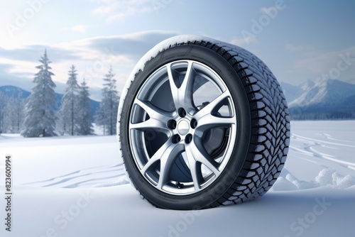 Close-up of a car's winter tire in a fresh snow setting with forest and mountains in the background