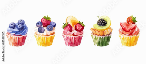 Illustration of berry muffins on a white background. Berry cupcake set.