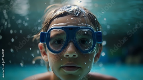   A young boy wearing a snorkel mask  swimming underwater in a swimming pool