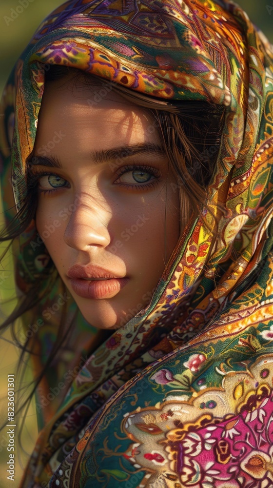 A young woman with striking blue eyes and full lips, gazing directly at the camera. She is wearing a colorful, intricately patterned headscarf that covers her hair and partially shades her face. A young woman with striking blue eyes and full lips, gazing directly at the camera. She is wearing a colorful, intricately patterned headscarf that covers her hair and partially shades her face.