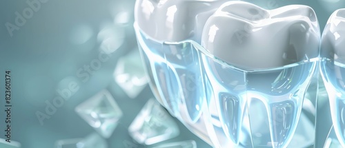 Close-up of a set of healthy white teeth with ice cubes, showing the importance of oral hygiene and dental care. photo