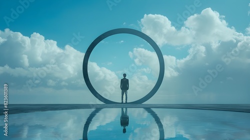 Silhouetted Figure Reflected in Circular Mirror Against Cloudy Sky