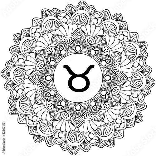 Zodiac mandala Taurus, fantasy coloring page with astrological sign and meditative squiggles