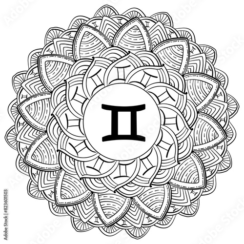 Zodiac mandala Gemini, fantasy coloring page with astrological sign and meditative motifs