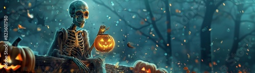 Skeleton Holding Jack-o'-Lantern in Spooky Halloween Forest