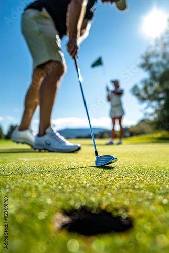 Low angle view of golfer on putting green about to take