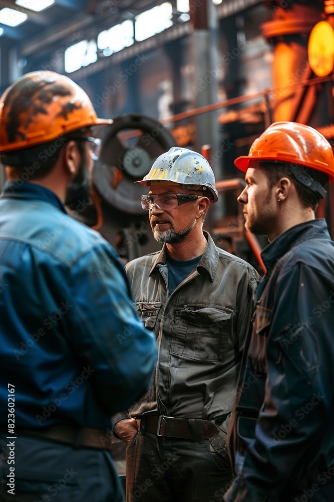 Managers and workers talking in steel factory Managers and workers talking in steel factory