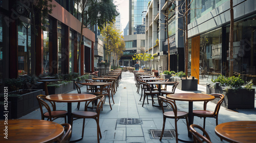 Tables and chairs on city street with modern architect