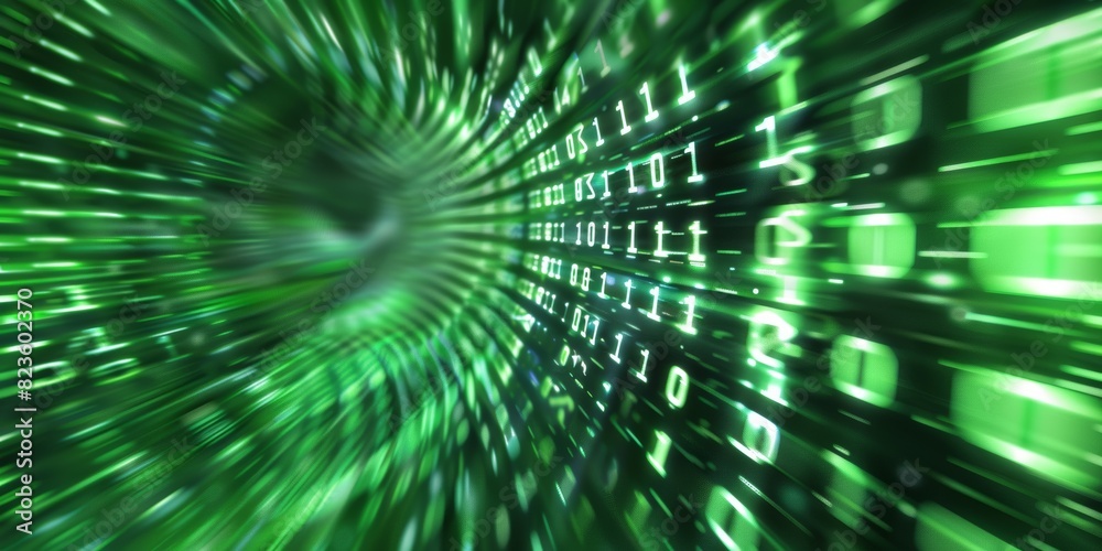 Digital background featuring green binary code with blurred speed lines in the foreground, creating an atmosphere of technology and data transfer., Digital background featuring green binary code with blurred speed lines in the foreground, creating an atmosphere of technology and data transfer.,